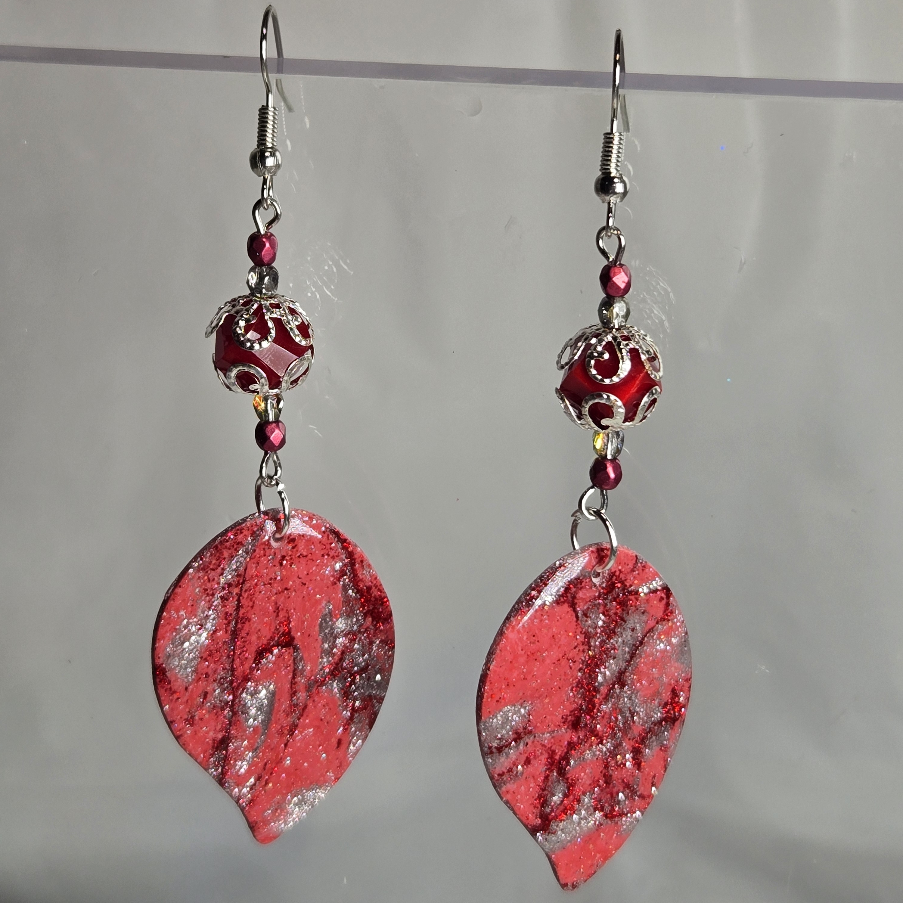 #B232- Handmade Red And Silver Leaf Earrings